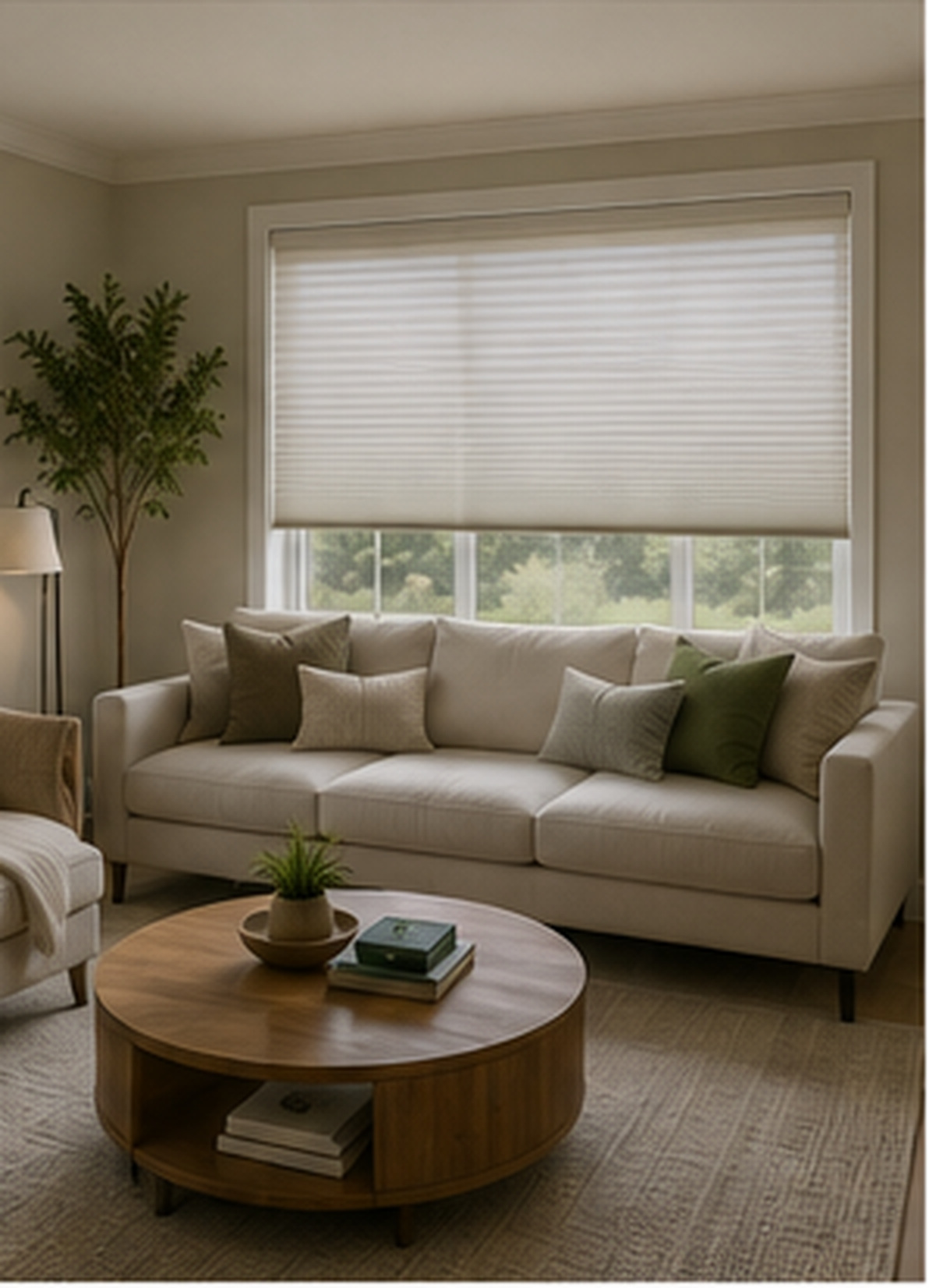 Honeycomb shades in a bright living room