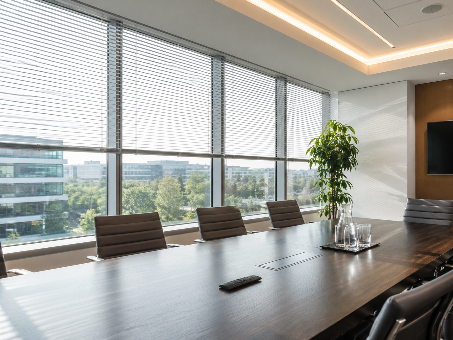 Aluminum blinds in a commercial office
