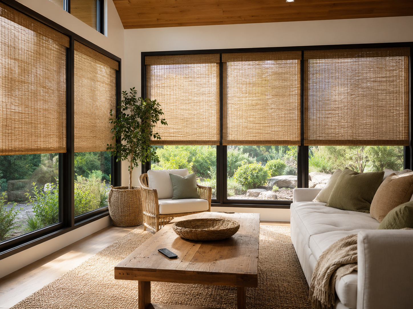 Motorized woven wood shades in a sunroom